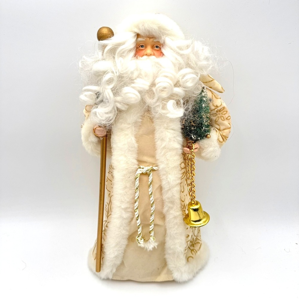 Vintage Old World Santa 16" Christmas‎ Tree Topper Cream Beige Gold Lace Bell